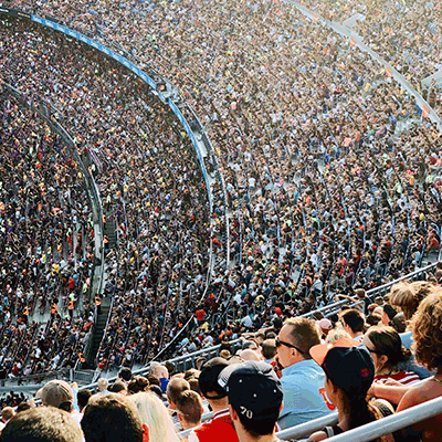 Fans in stadium for a comptetion to support their team after travelling with a charter aircraft
