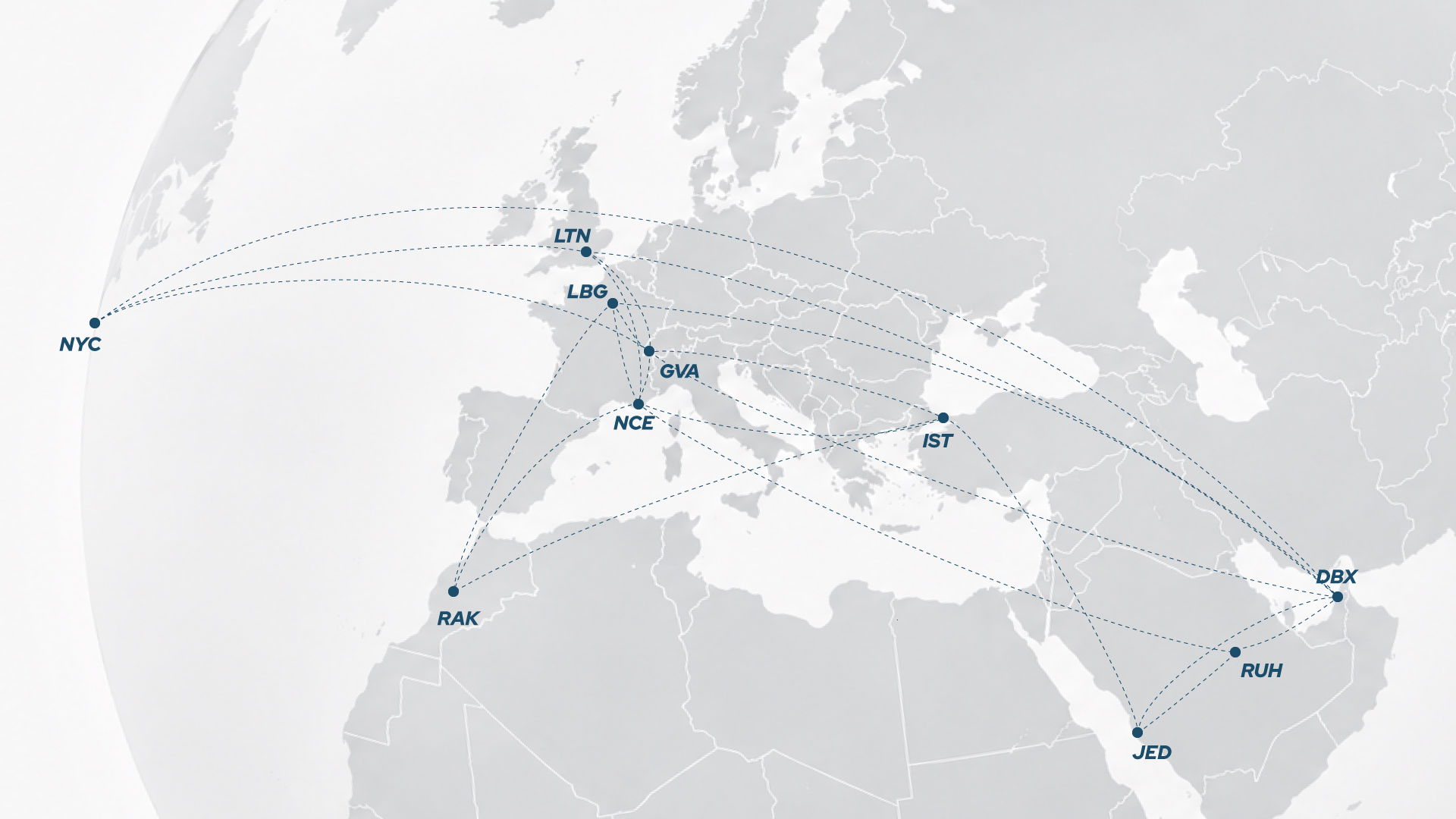 Private jet route network across Europe and the Middle East