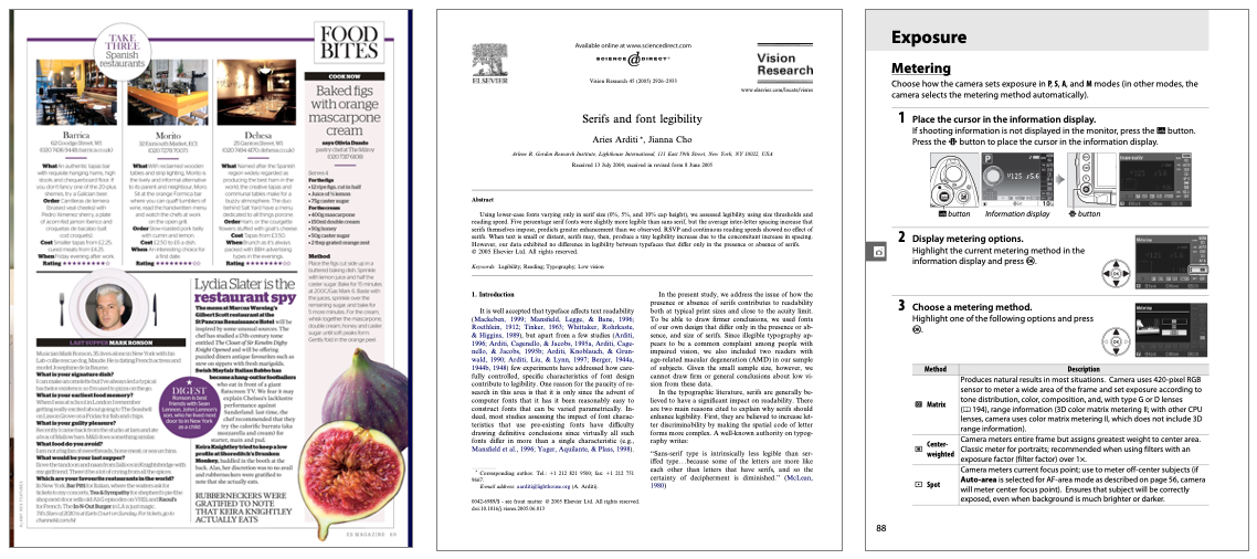 Examples of three document genre: magazine, journal and user guide