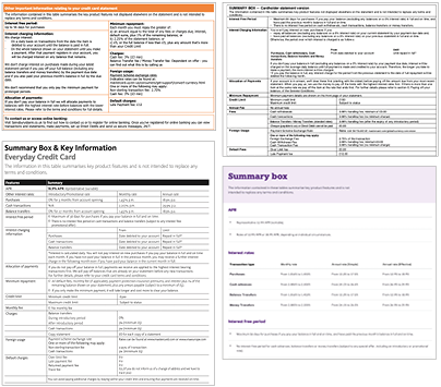 4 different credit card summary boxes