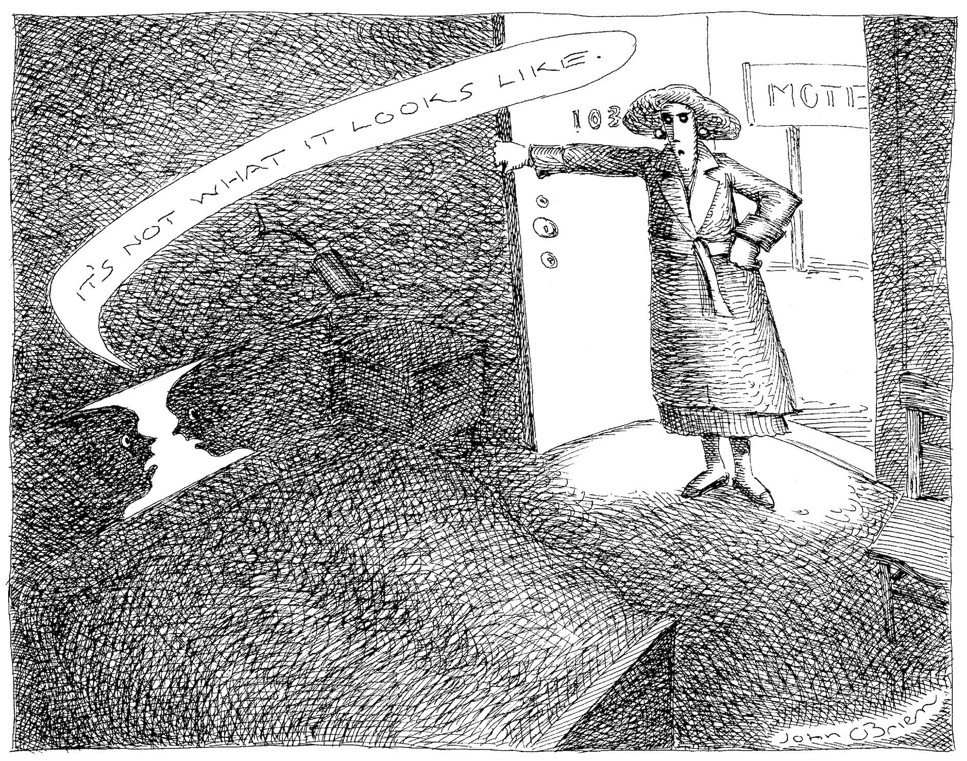 A woman enters a motel room and confronts silhouettes of two faces in bed. One is saying "It's not what it looks like." The outline of the two faces also forms a vase; famous optical illusion.