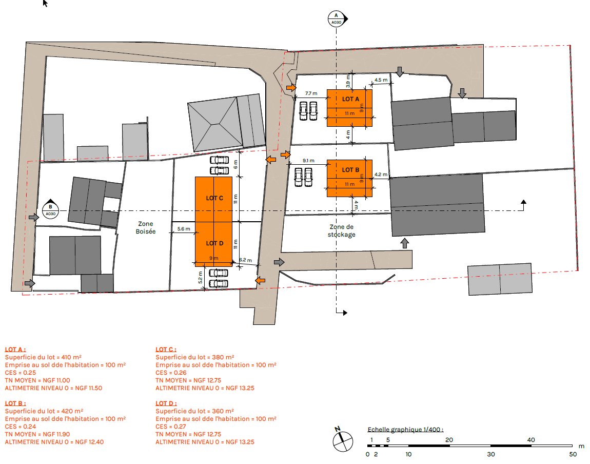 Plan de division en quatre lots avec surfaces et CES, permis d'aménager DBA