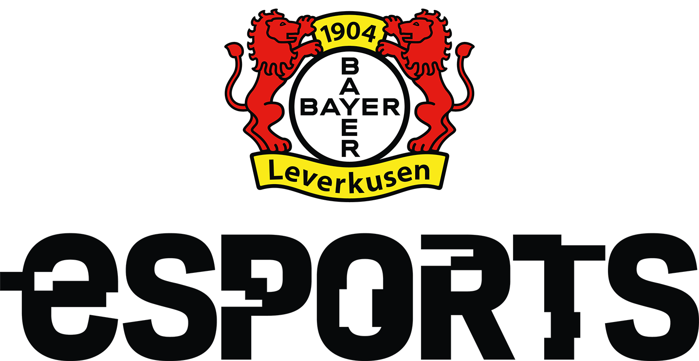 Logo von Bayer 04 Leverkusen mit zwei roten Löwen, die einen gelben Banner mit Jahreszahl 1904 halten.