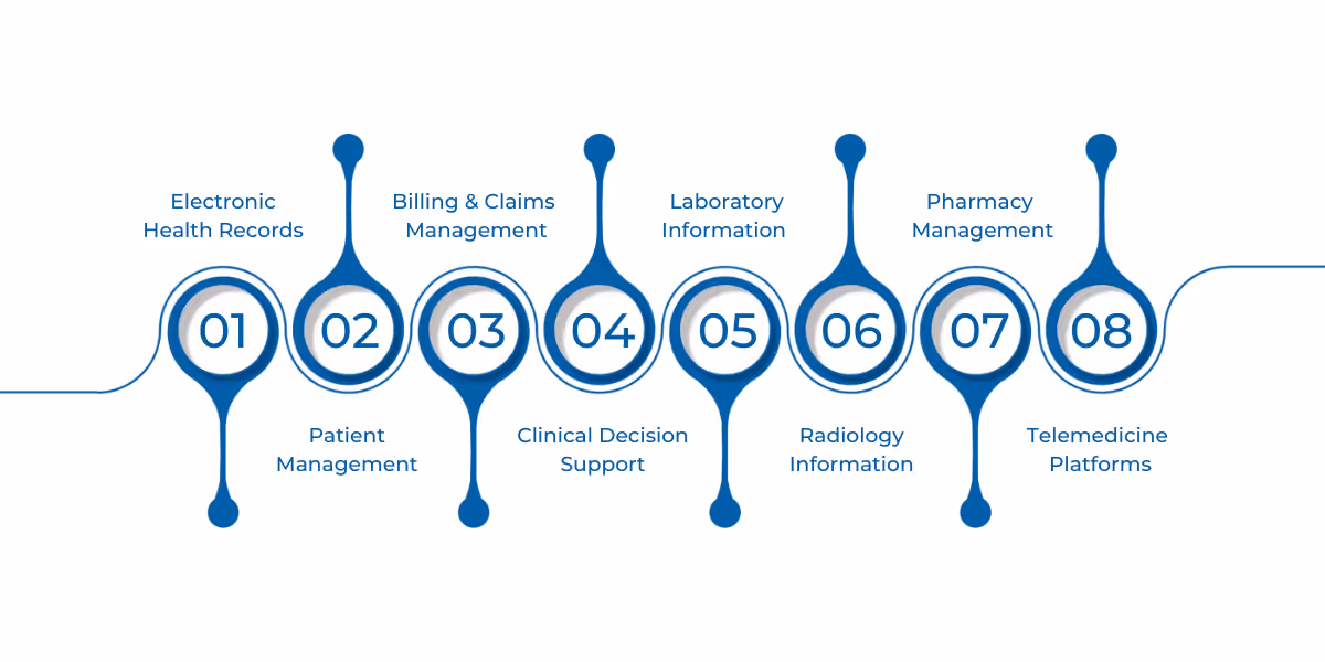 A summary of eight legacy healthcare IT systems—EHRs, patient management, billing, CDSS, LIMS, RIS, pharmacy, and telemedicine—highlighting modernization needs for improved efficiency, integration, and patient care.
