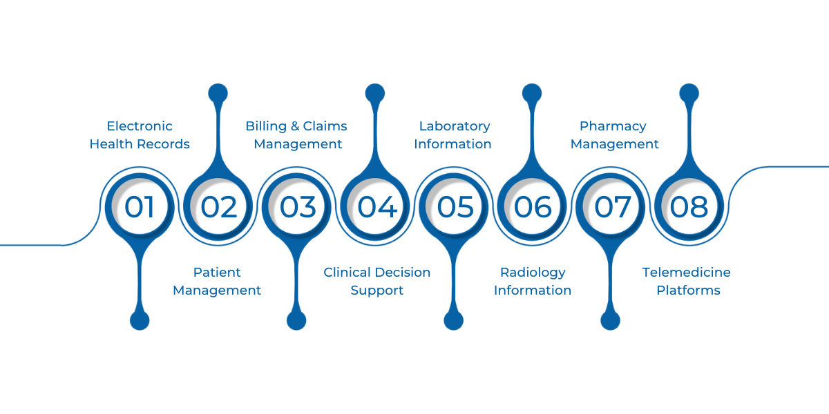 A summary of eight legacy healthcare IT systems—EHRs, patient management, billing, CDSS, LIMS, RIS, pharmacy, and telemedicine—highlighting modernization needs for improved efficiency, integration, and patient care.