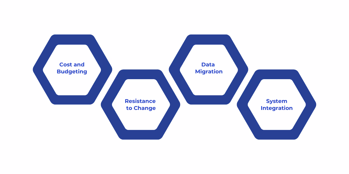 A summary of key challenges in healthcare software modernization, including budgeting constraints, employee resistance, complex data migration, and the need for seamless system integration with regulatory compliance.
