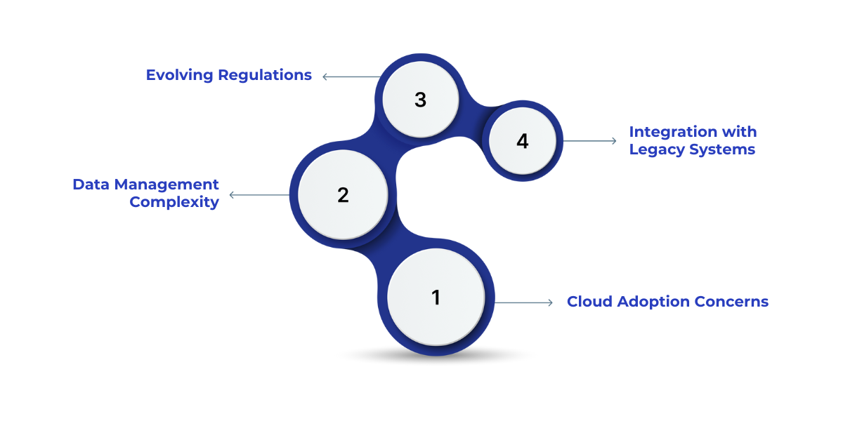 Key challenges healthcare organizations face in achieving HIPAA compliance with Microsoft Fabric, including cloud adoption, data management, evolving regulations, and legacy system integration.