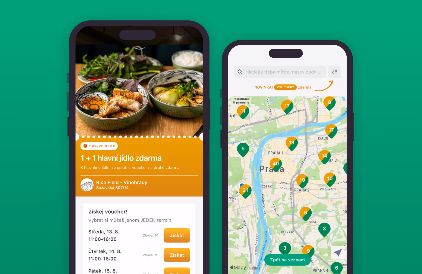 Dva chytré telefony zobrazující aplikaci s kuponem na jídlo zdarma a mapou Prahy s označenými restauracemi.