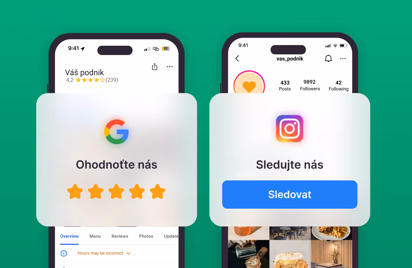 Dva chytré telefony se zeleným pozadím, levý zobrazuje hodnocení firmy na Google s pěti hvězdami a textem Ohodnoťte nás, pravý zobrazuje profil Instagramu s tlačítkem Sleduvat a textem Sledujte nás.