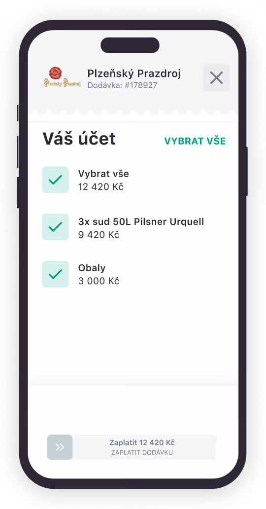 Mobilní obrazovka objednávky Plzeňský Prazdroj s vybranými položkami a částkami v Kč.