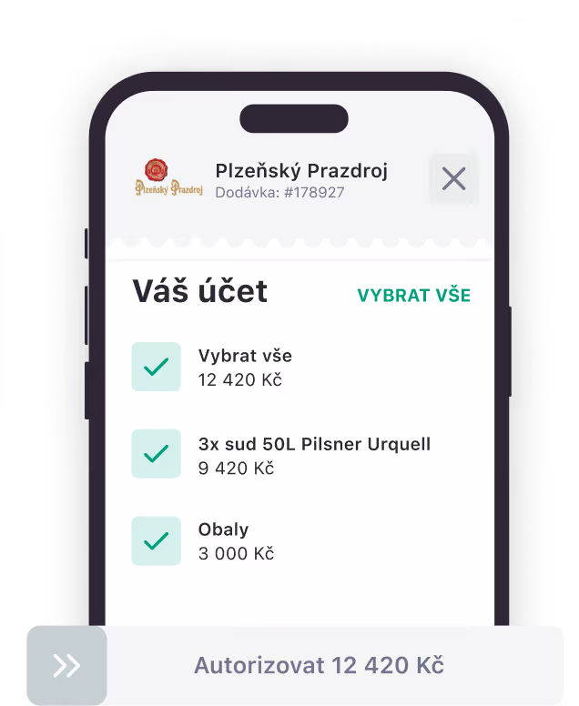 Mobilní obrazovka účtu s položkami a cenami pro Plzeňský Prazdroj, autorizace 12 420 Kč.