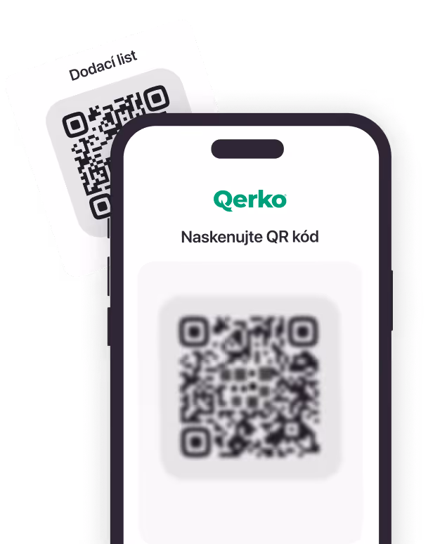 Mobilní telefon ukazuje aplikaci Qerko k naskenování QR kódu na dodacím listu.