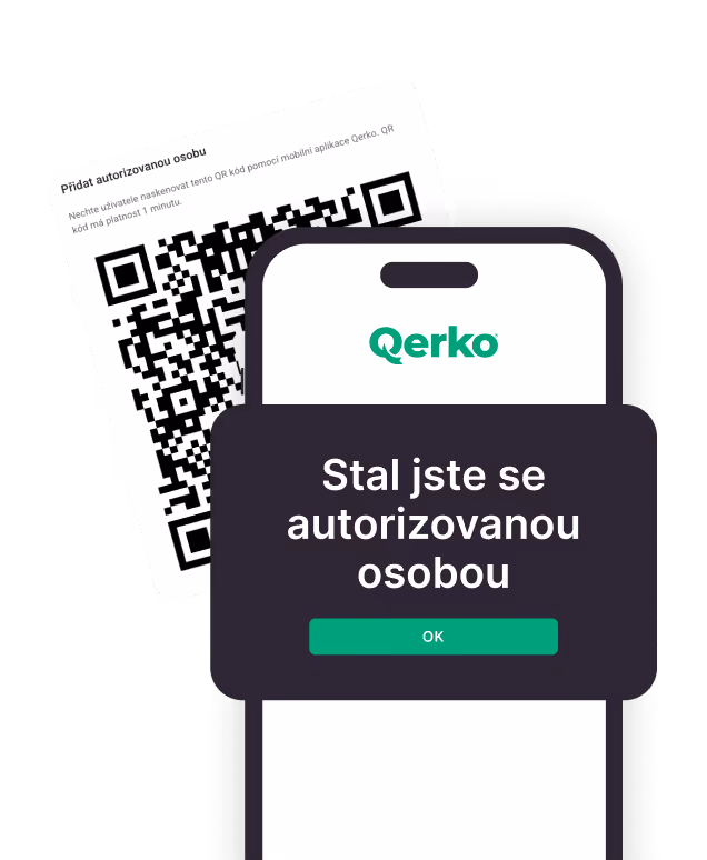 Obrazovka mobilu s potvrzením autorizace a QR kódem pro aplikaci Qerko.