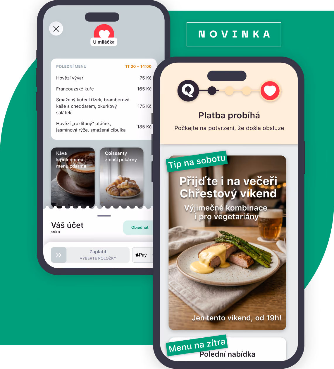 Dvě mobilní obrazovky s jídelním menu a večeří s chřestem na talíři s pivem na stole.