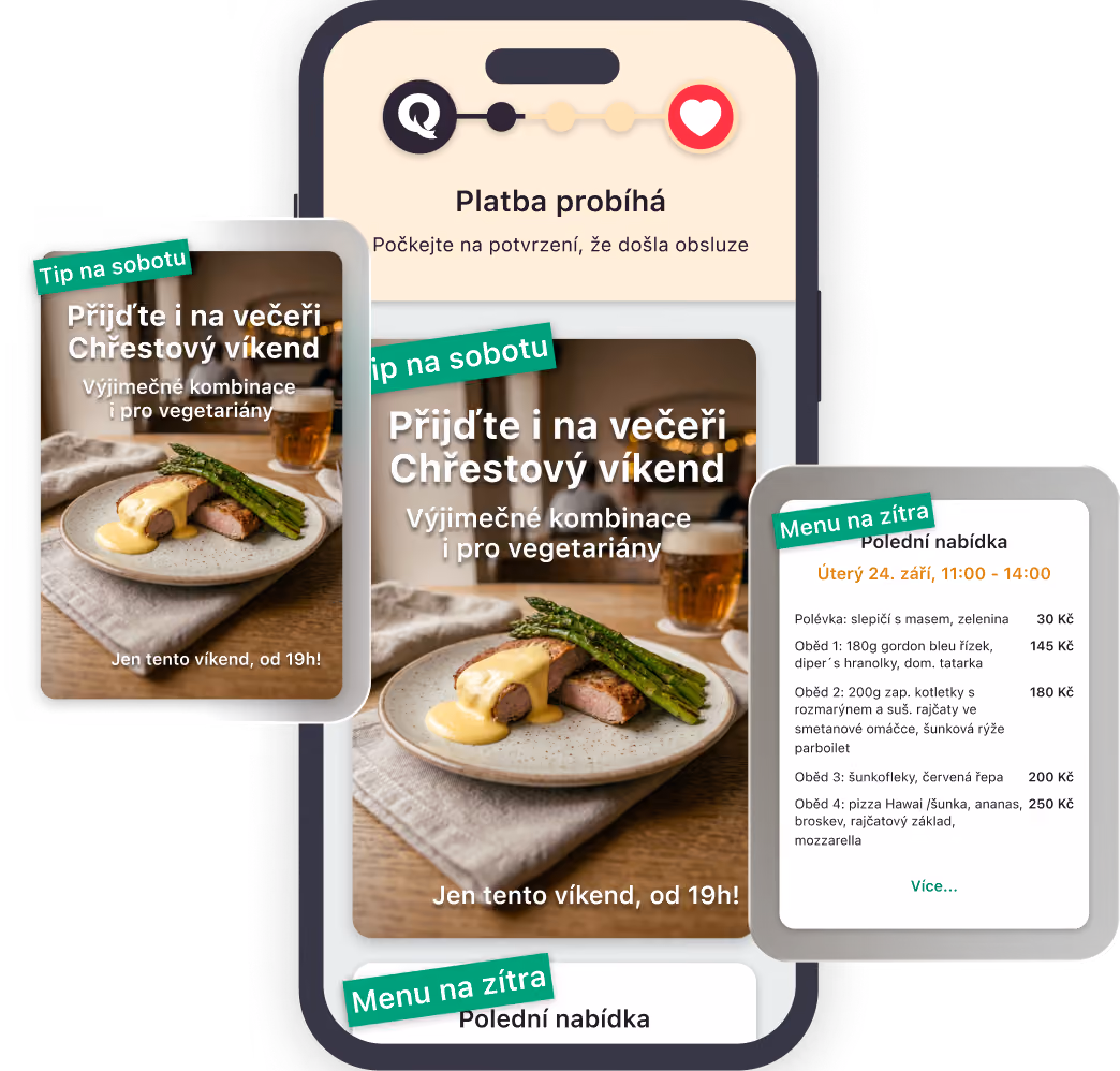 Nabídka jídla s chřestem a sýrovou omáčkou na talíři a menu s cenami v češtině.