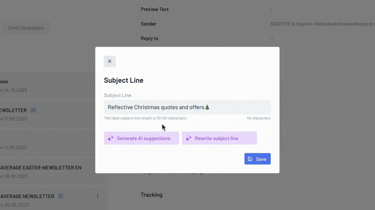 Animated GIF showing the ADDITIVE & beyond email editor with an AI-powered subject line assistant. The user types “Reflective Christmas quotes and offers” and sees options to generate or rewrite subject lines using AI. Demonstrates one of the 10 smart AI functions in the ADDITIVE apps.
