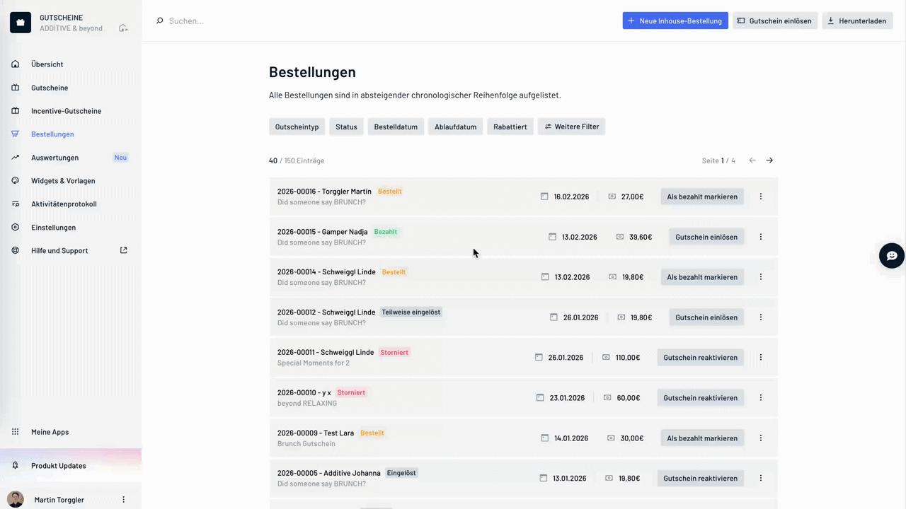 ADDITIVE+ GUTSCHEINE: Durch die neuen Filter behalten Hoteliers bei den Gutscheinen jederzeit den Überblick.