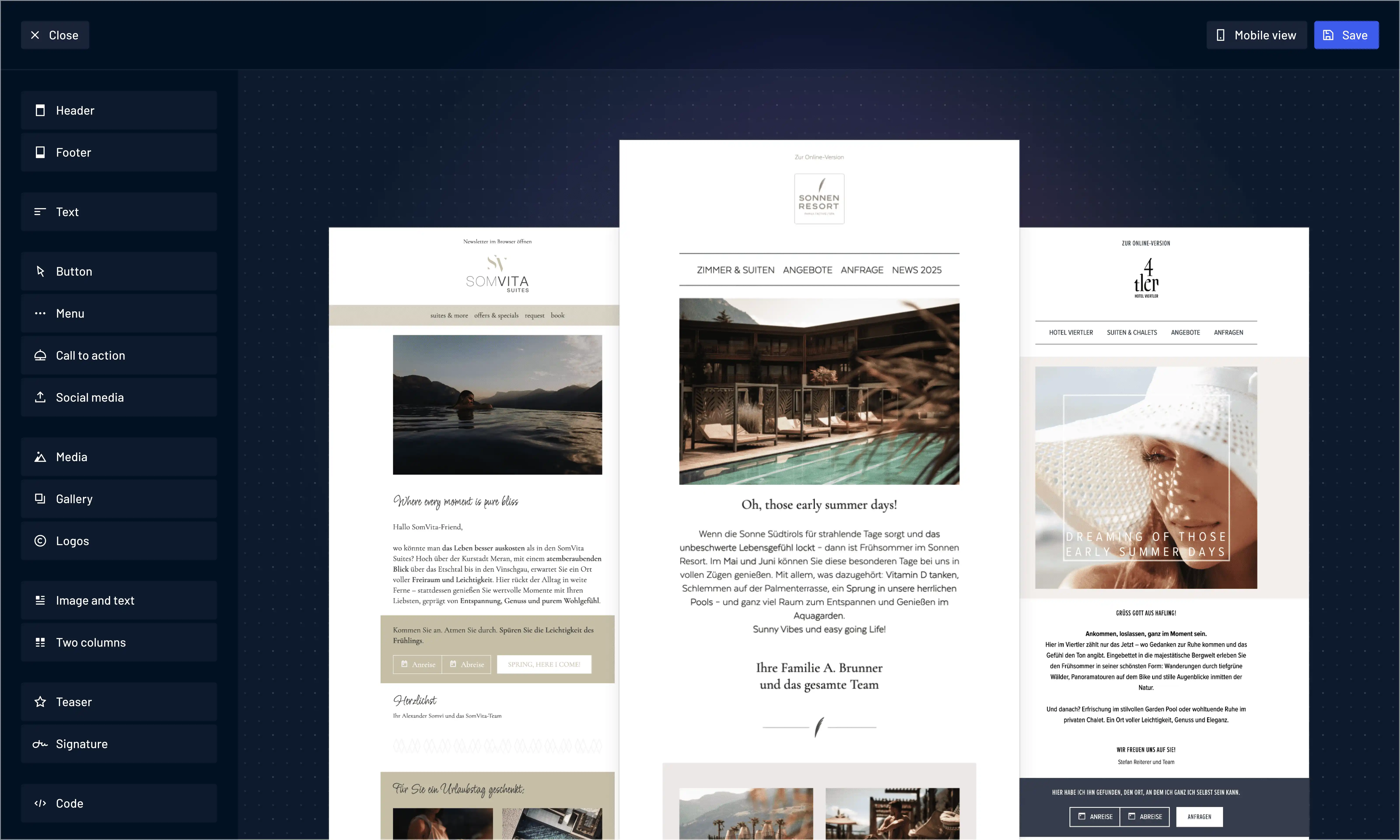 Hochwertige visuelle Aufbereitung und Darstellung von Hotel-Angeboten in der ADDITIVE+ NEWSLETTER Software.