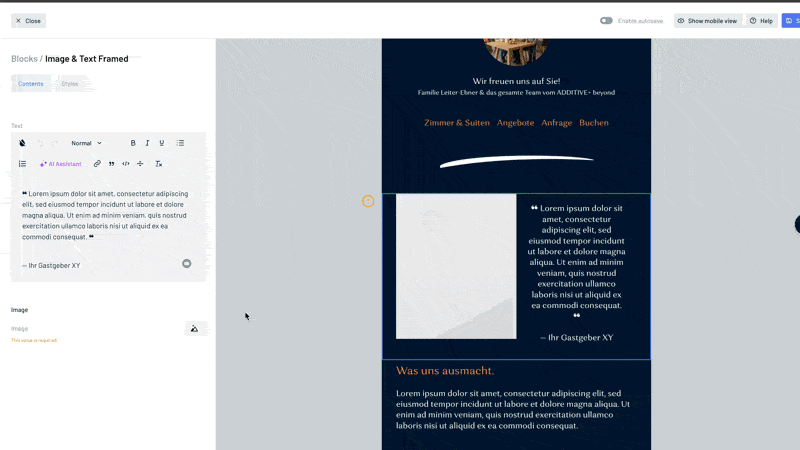 Smart content creation through fast AI-assisted image search directly within the ADDITIVE+ NEWSLETTER system.