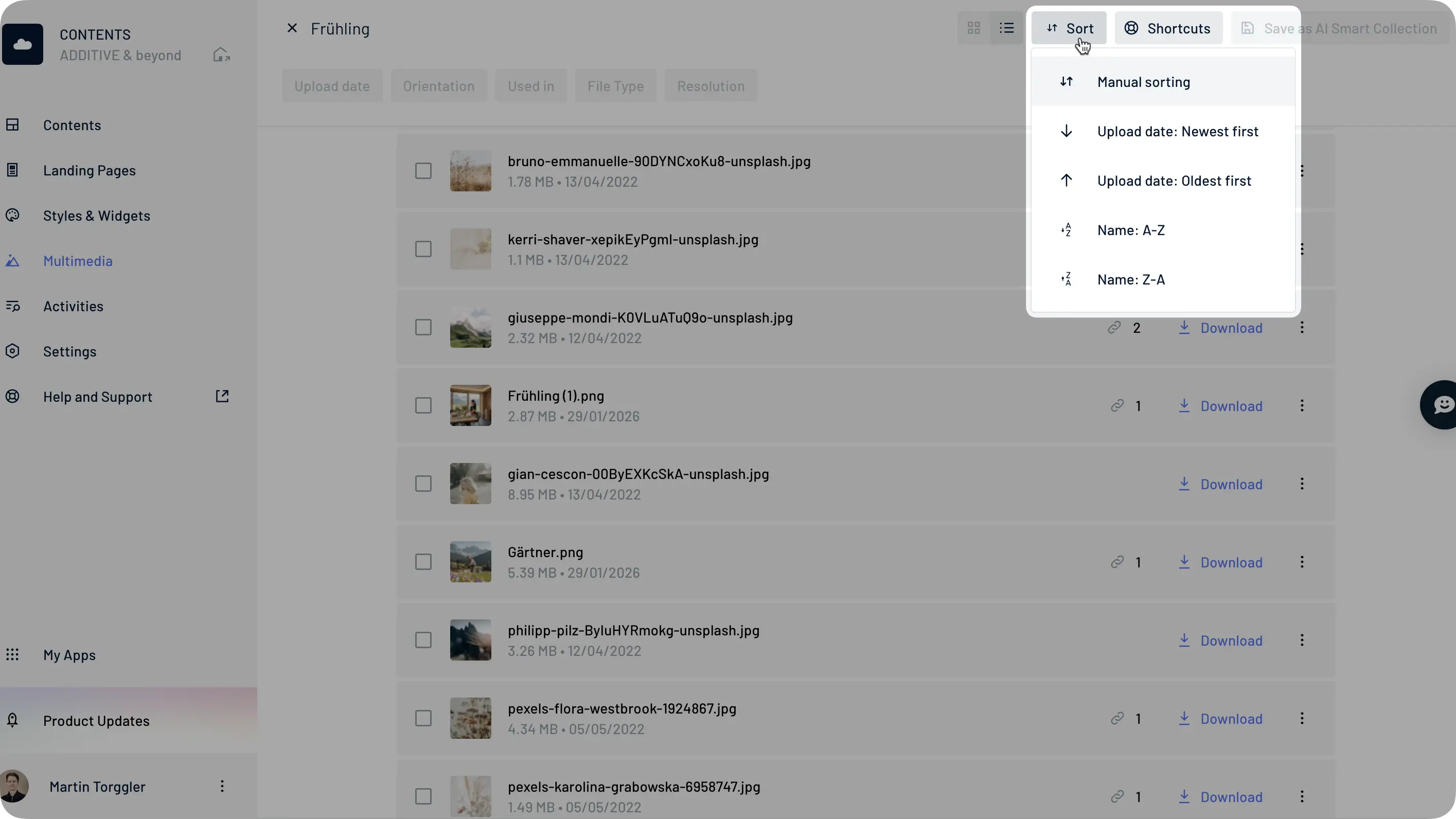 Organize media in ADDITIVE+ CONTENTS by name, upload date, or custom order.
