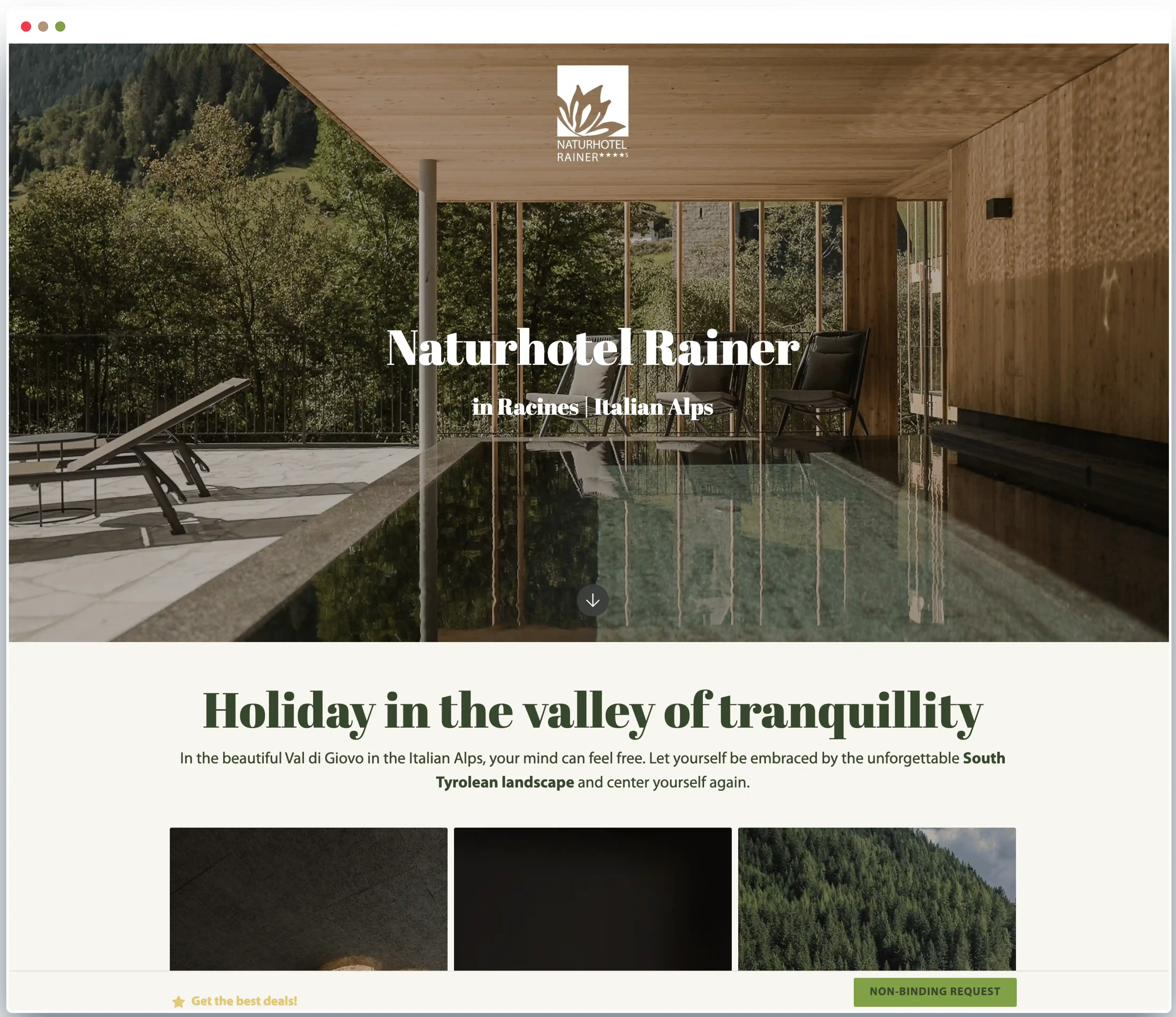 Screenshot of a hotel landing page for Naturhotel Rainer featuring a nature pool, the headline "Holiday in the valley of tranquillity", and a prominent call-to-action button.