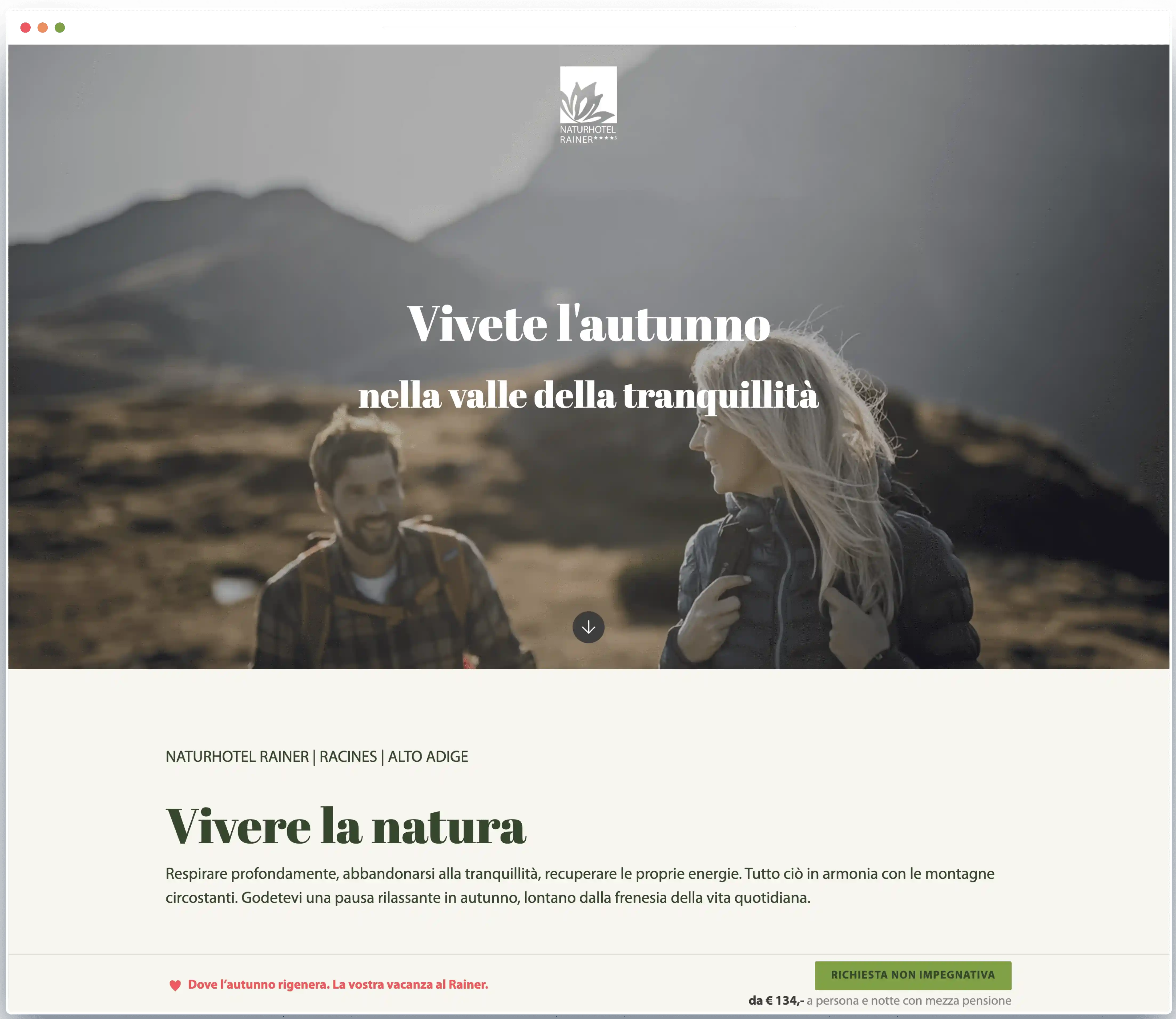 Screenshot di una landing page per hotel del Naturhotel Rainer con focus su una campagna autunnale, l'intestazione "Vivete l'autunno" e un chiaro pulsante di call-to-action per le richieste.
