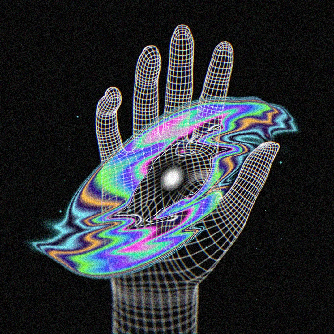 A galaxy in the palm of a giant hand maid of white wire