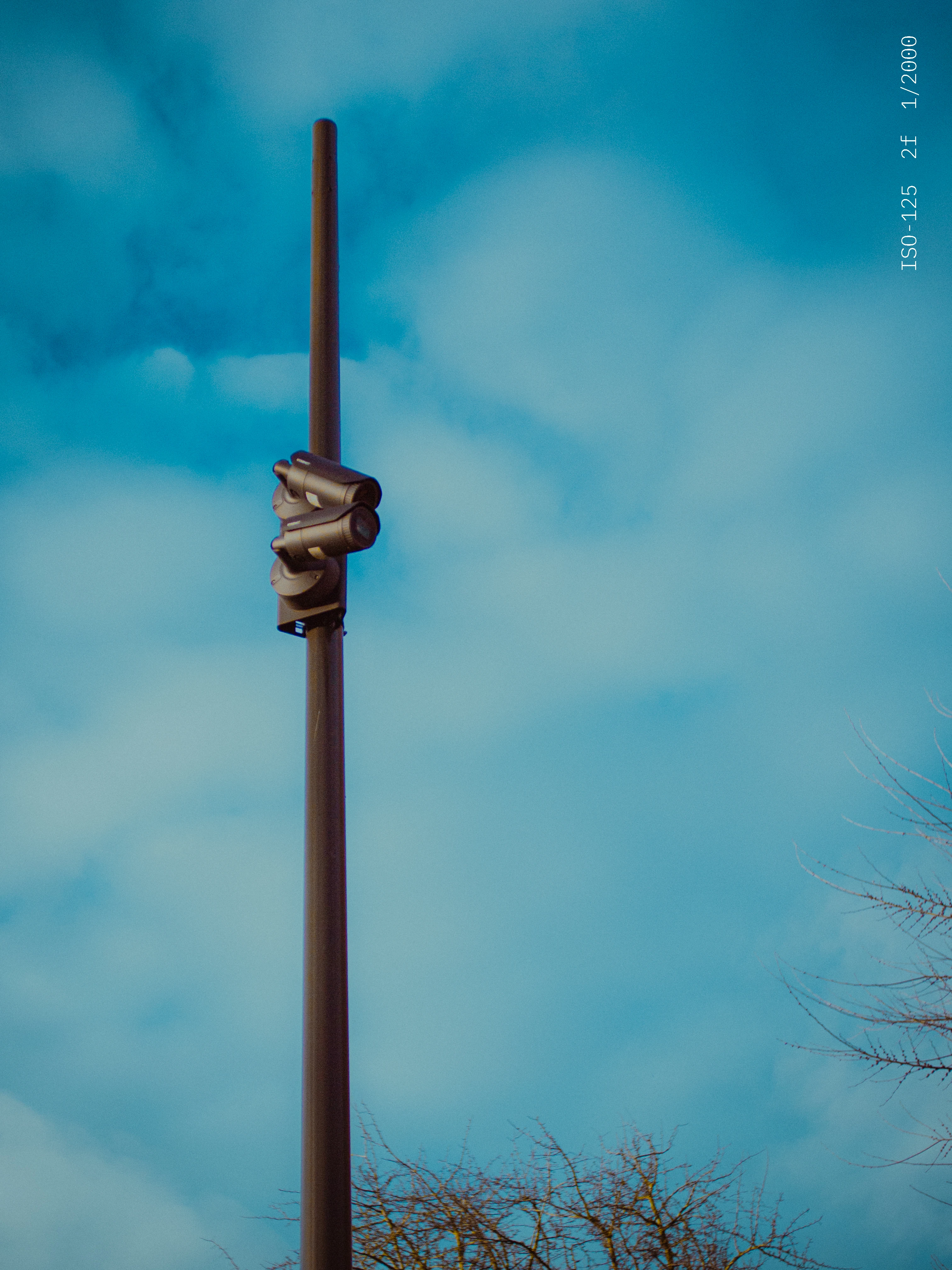 Tall black streetlight pole with multiple surveillance cameras mounted near the top, set against a blue sky with light clouds and tree branches at the bottom.