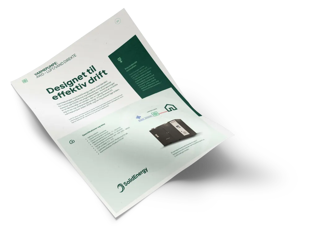 Flyer for Solid Energy varmepumpe med fokus på effektiv drift og tekniske specifikationer.