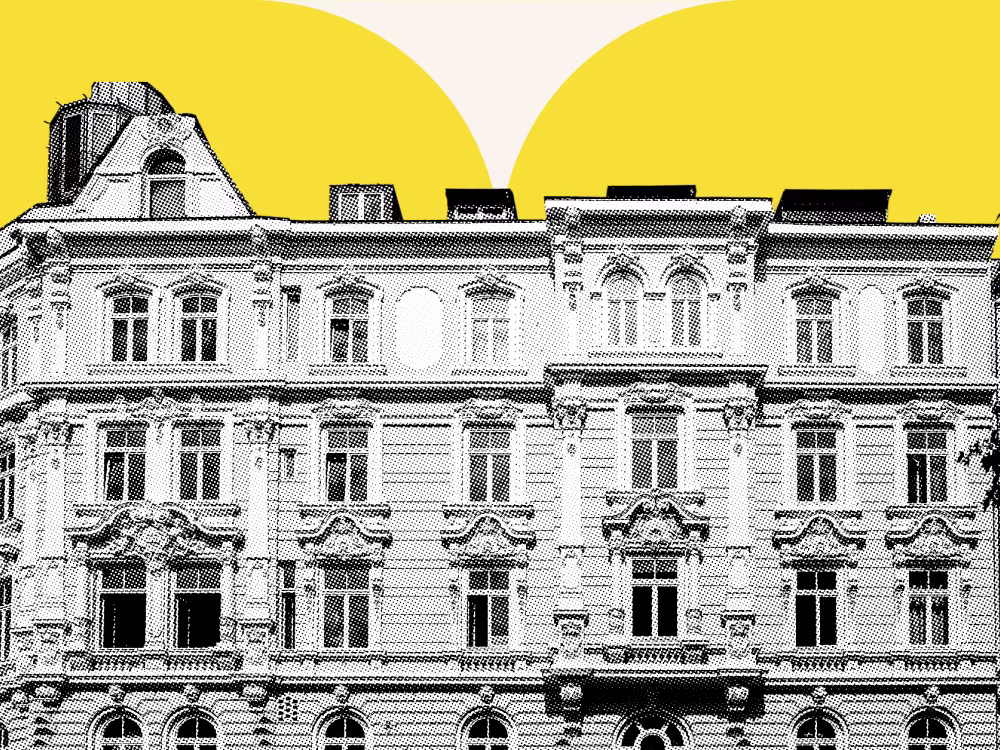 Halbton-Aufnahme einer Altbaufassade vor einer Happy-Lemon-Fläche
