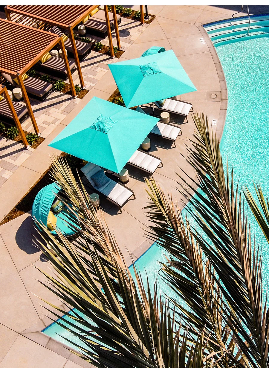 High-density residential projects: overhead view of poolside lounge chairs and turquoise umbrellas