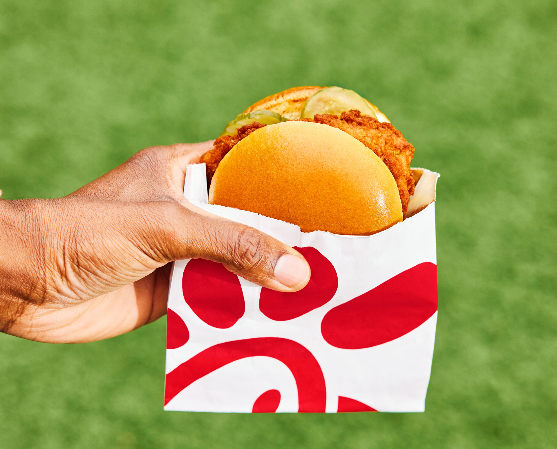 Photo of hand holding a chicken sandwich