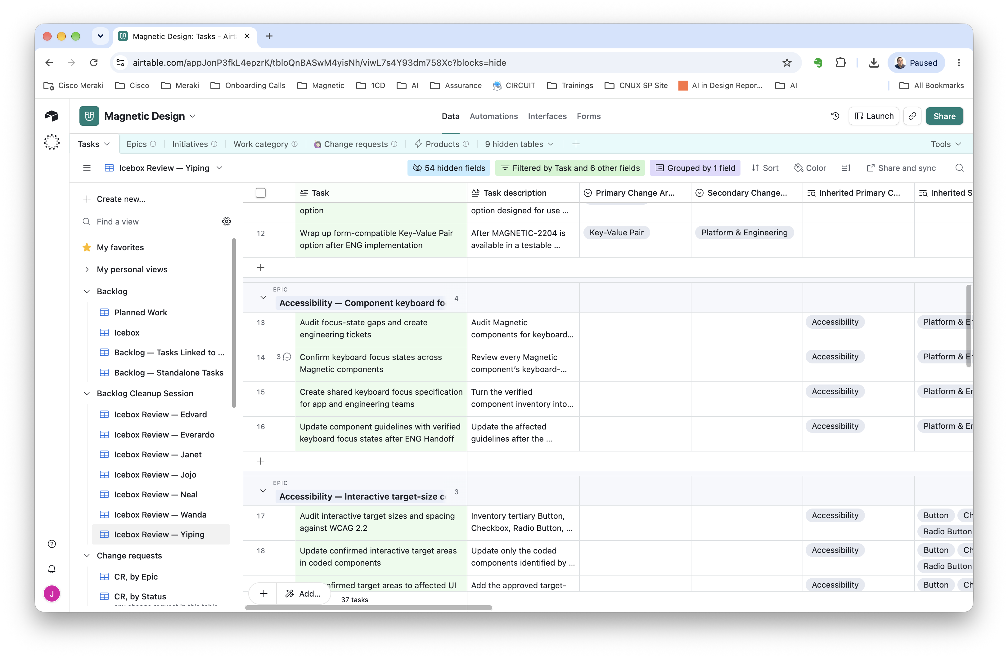 Designer task view grouping specific actions under outcomes and carrying the relevant change areas into daily work.