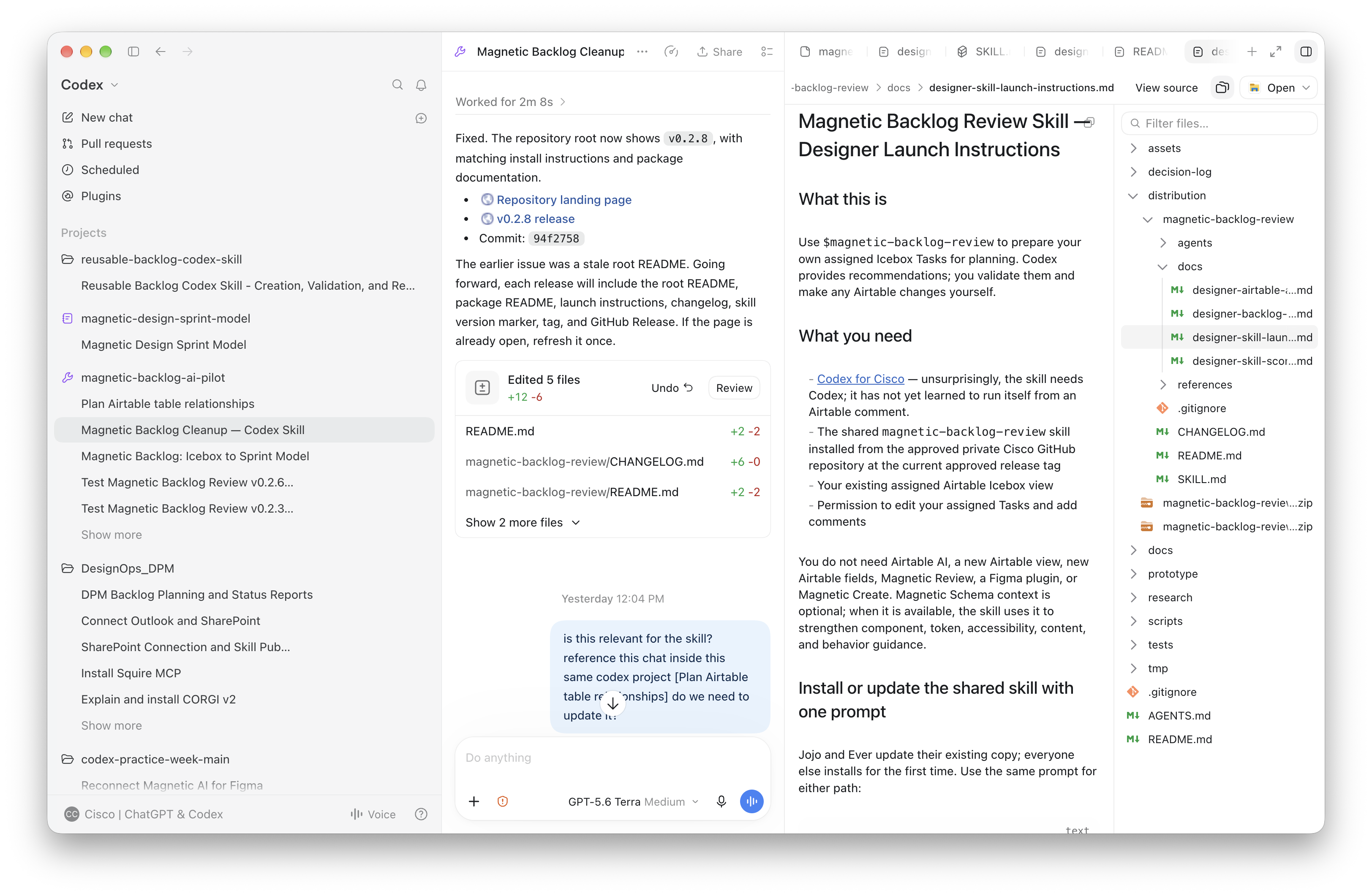 Magnetic Backlog Review skill development and designer launch instructions, including the manual validation and update steps.