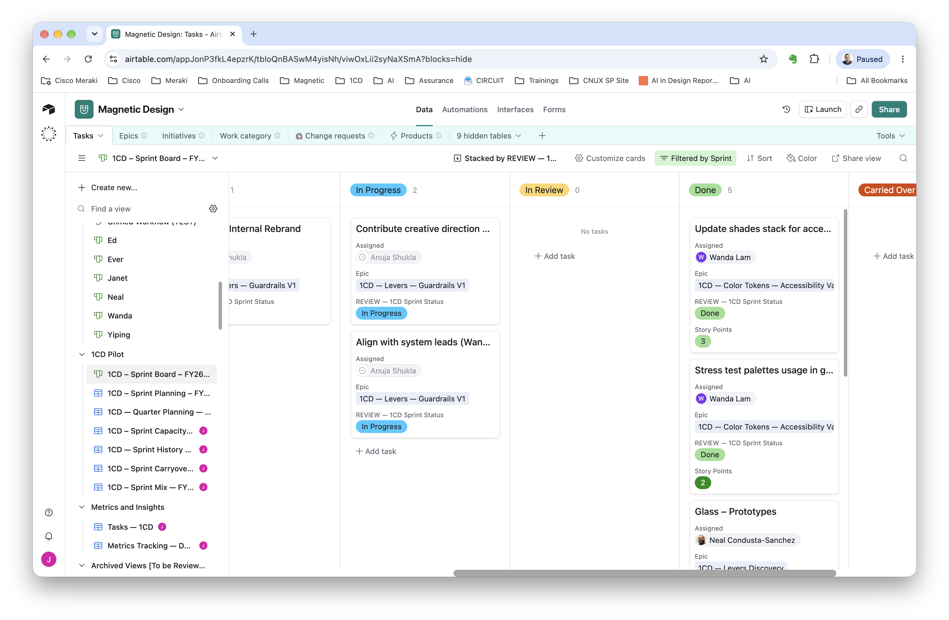 The sprint board keeps ownership and work status visible across active, reviewed, completed, and carried-over tasks.