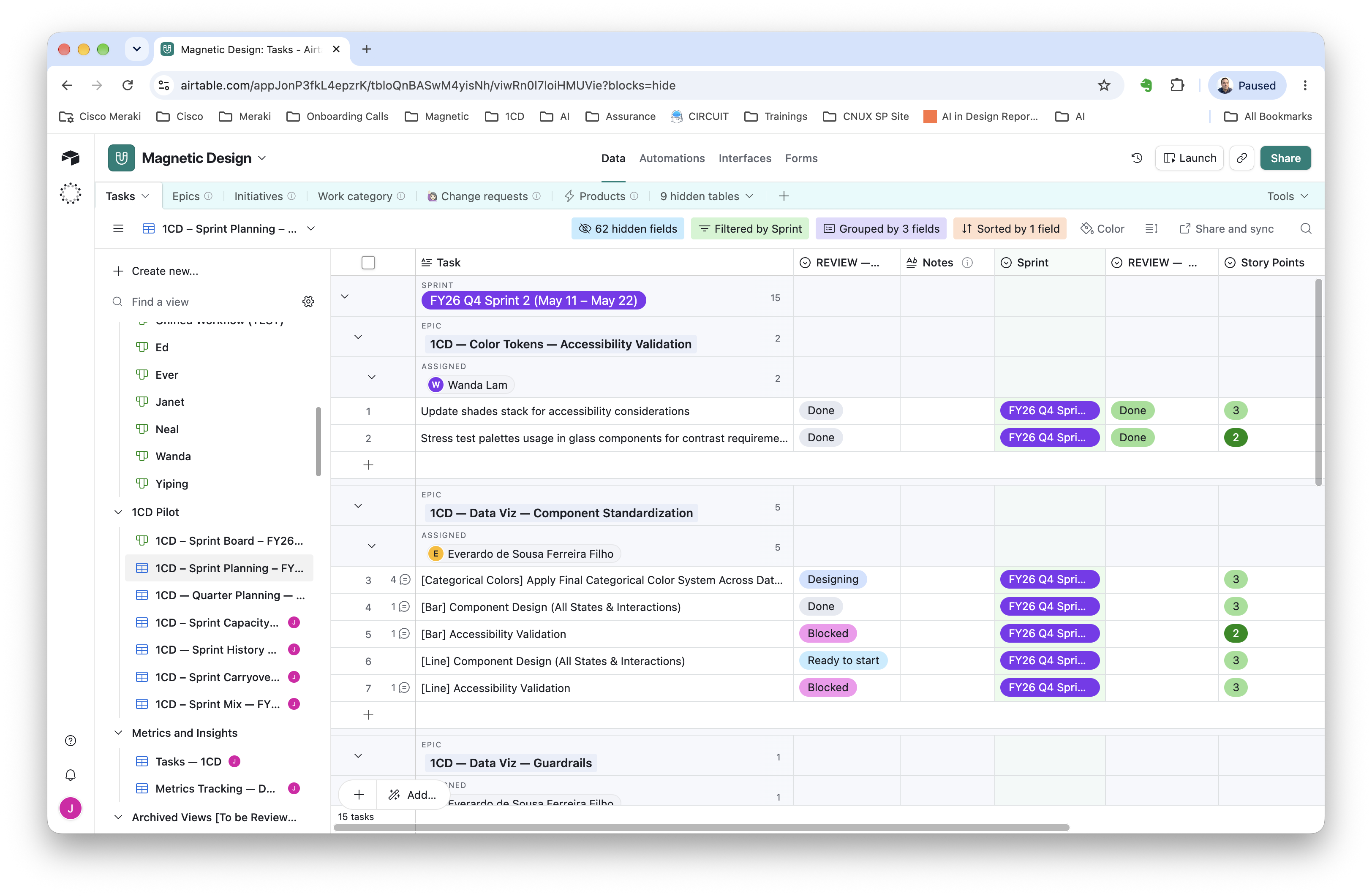 Sprint planning connects 1CD outcomes with specific tasks, owners, estimates, and blocked work.