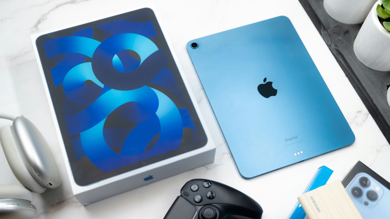 A blue iPad air on the table