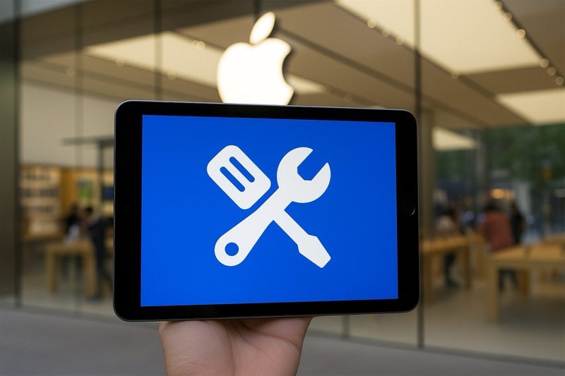 A person holding an ipad in front of apple store