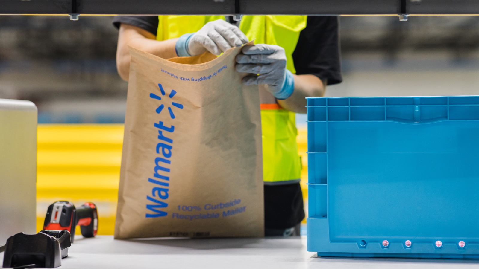 Aperson wearing gloves holding a brown paper bag with the Walmart logo on it. There are tools and containers around.