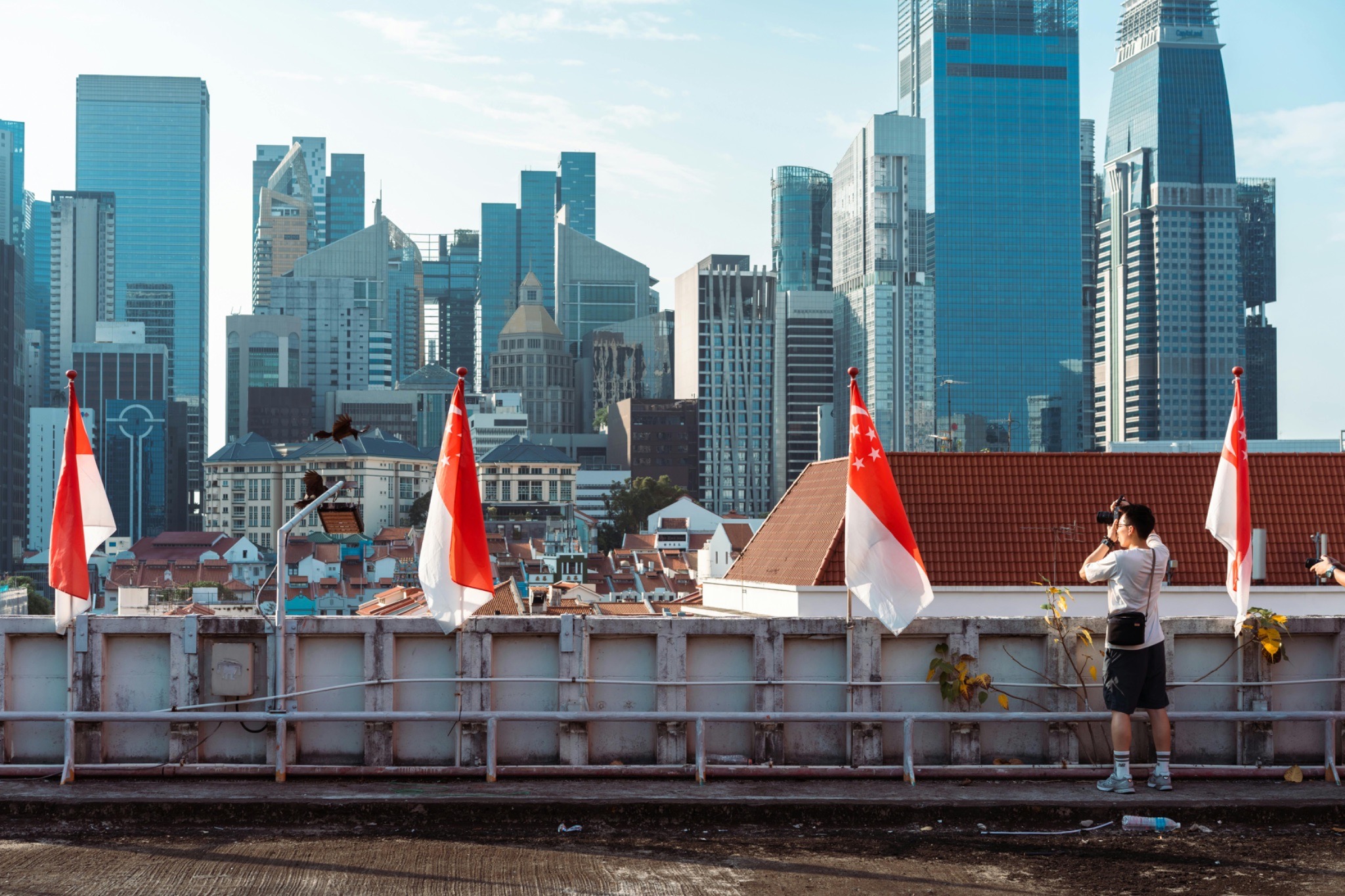 Singapore Skyline with Flags and Photographer