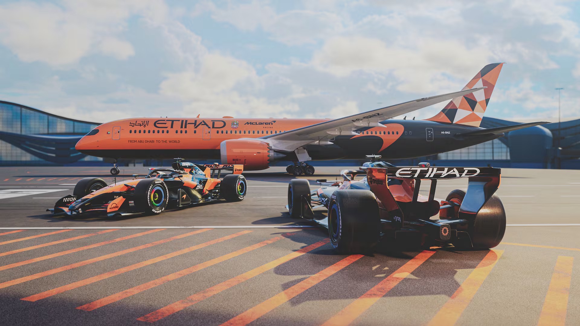 An Etihad Airways Boeing 787 aircraft is parked on the airport runway while two Formula 1 race cars are positioned in front of it, creating a striking scene that combines aviation and motorsport. The aircraft features Etihad’s distinctive orange and geometric tail design, while the race cars display a sleek, high-performance design typical of Formula 1 vehicles.