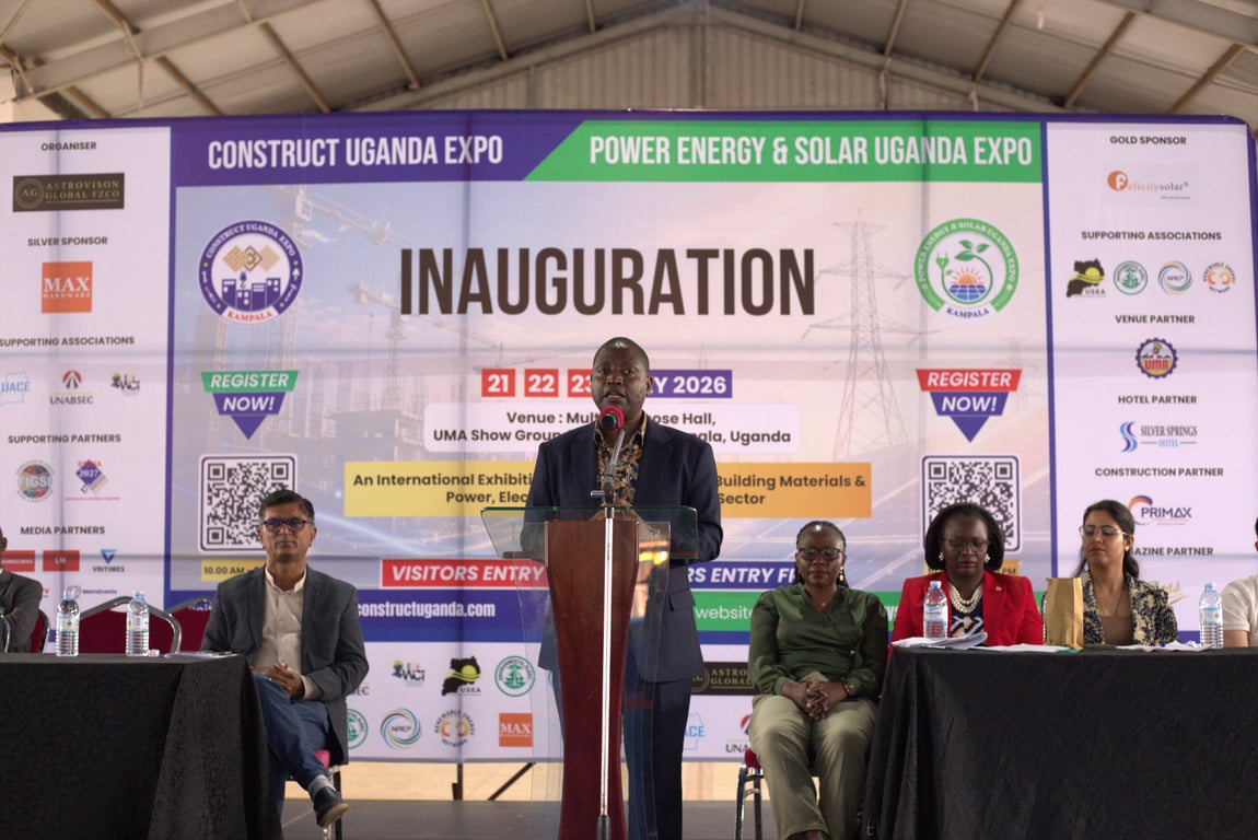   Mr. David Bahati, Hon'ble Minister of State for Trade, Industry, and Cooperatives (Industry), Ministry of Trade, Industry and Cooperatives speaking at the Inuaguration Ceremony of Construct Uganda Expo co located with Power Energy and Solar Uganda Expo 2026