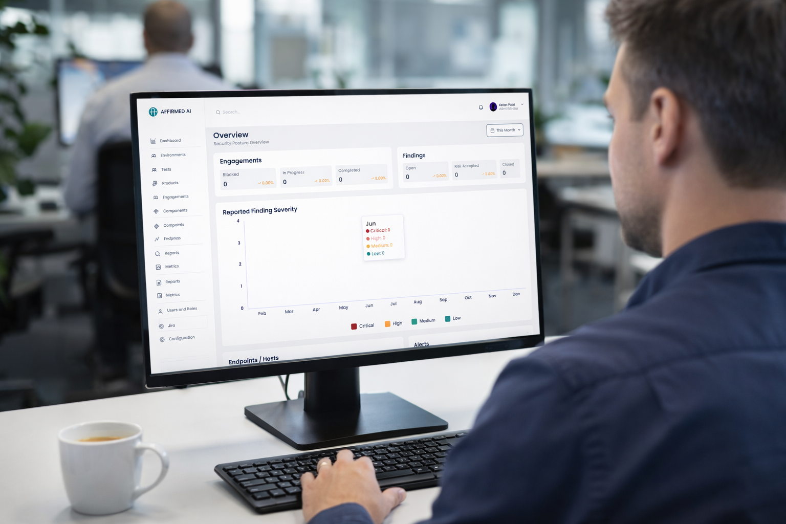 Person using a desktop computer displaying a security posture dashboard with charts and metrics.