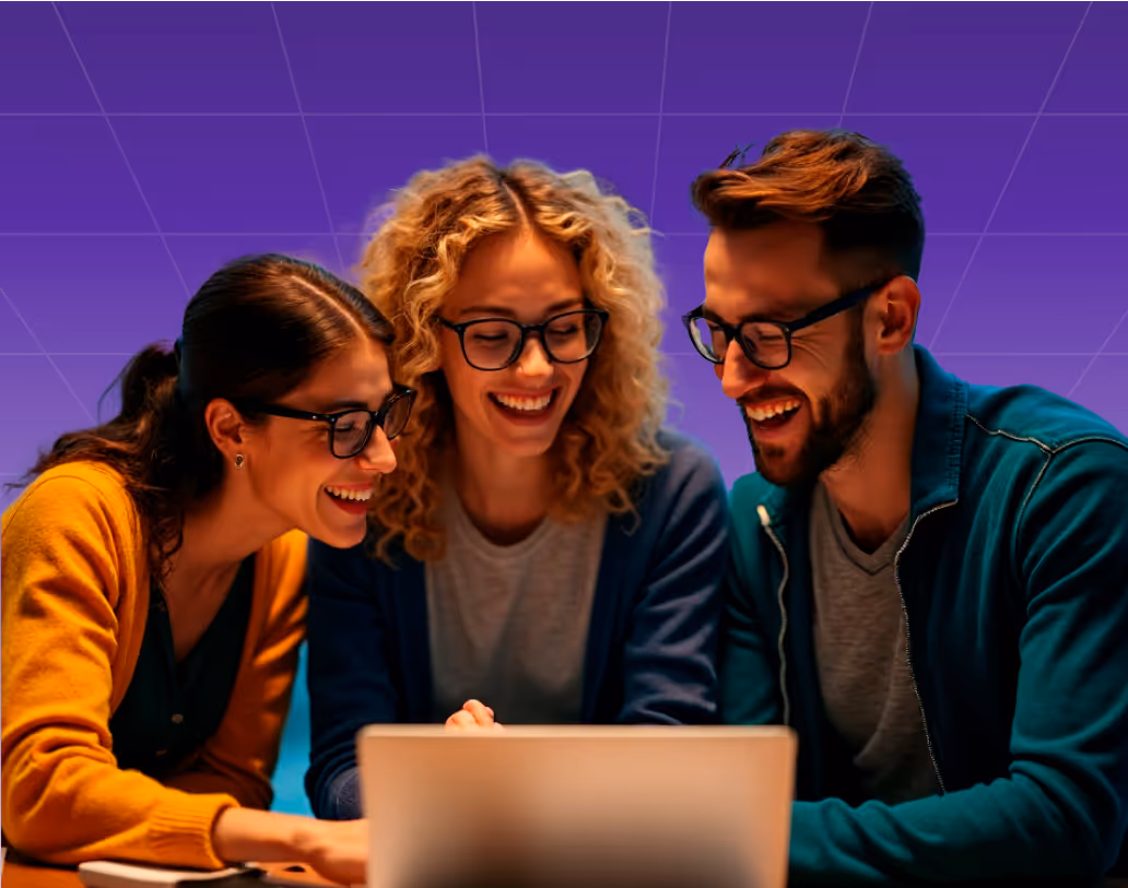 Three young marketing professionals are reviewing and approving campaigns created with AI