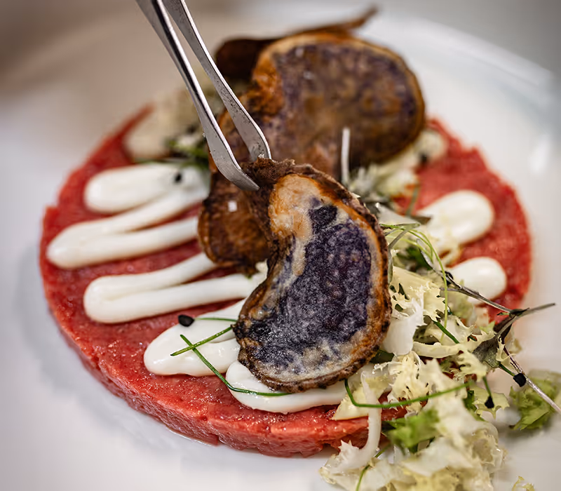 foto di un piatto ben impiattato con battuta di carne