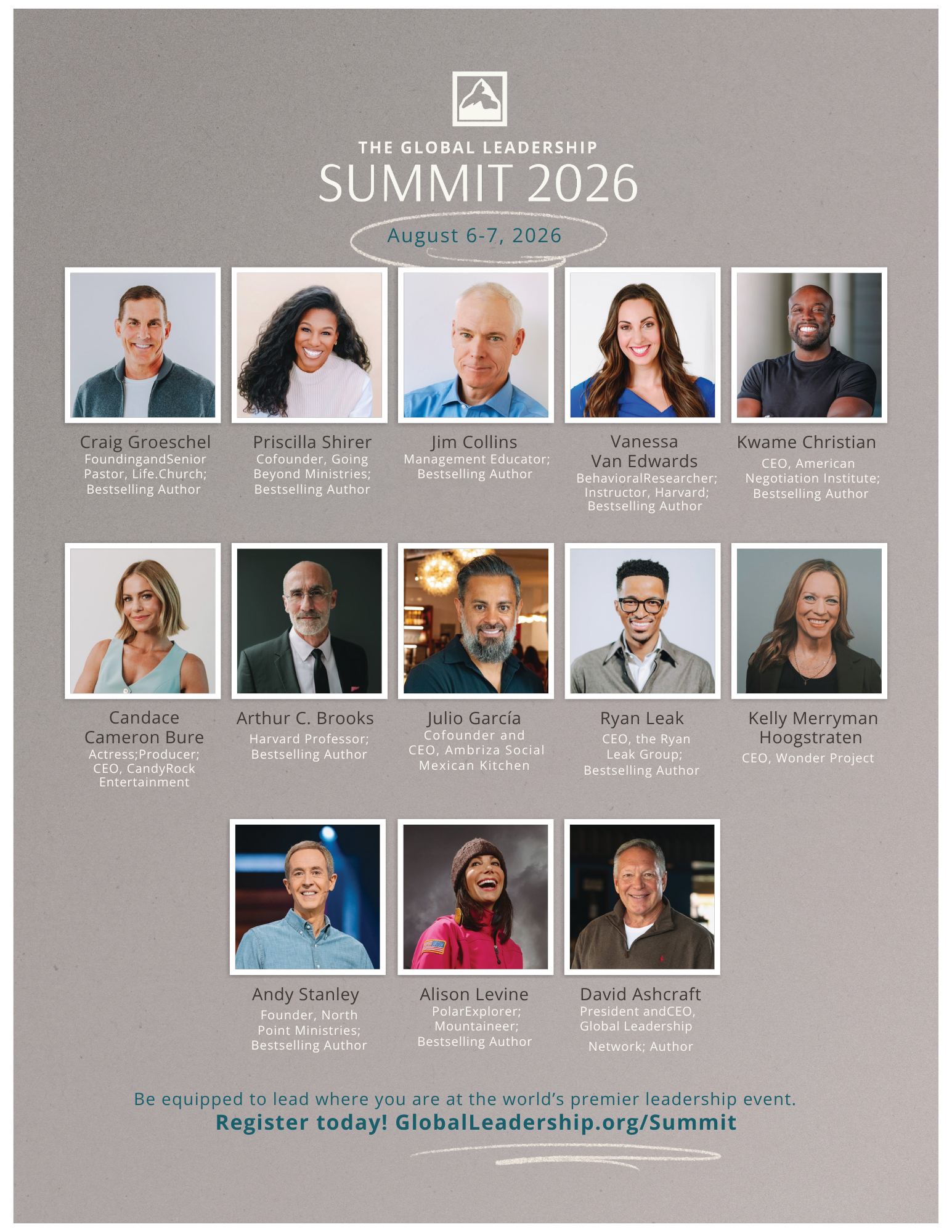 Line up of speakers for the summit: Craig Groeschel, Priscilla Shirer, Jim Collins, Vanessa Van Edwards, Kwame Christian, Candace Cameron Bure, Arthur C. Brooks, Julio Garcia, Ryan Leak, Kelly Merryman Hoogstraten, Andy Stanley, Alison Levine, and David Ashcraft.