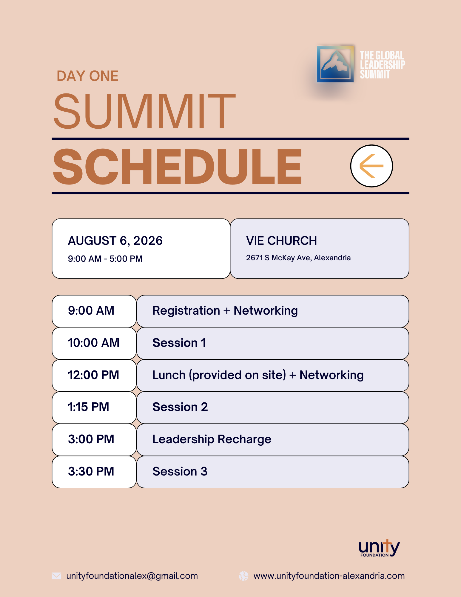 Day One Schedule: August 6 at Vie Church. 9am Registration & Networking, 10am Session 1, 12PM Lunch (provided) & Networking, 1:15pm Session 2, 3:00pm Leadership Recharge, 3:30pm Session 3