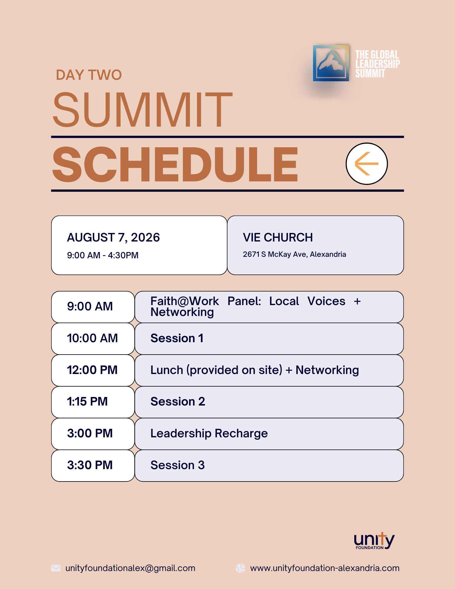 Day Two Schedule: August 7 at Vie Church. 9:00am Faith@Work Panel, 10:00am Session 1, 11:45am Lunch (provided) & Networking, 1:15pm Session 2, 2:45pm Leadership Recharge, 3:15 Session 3