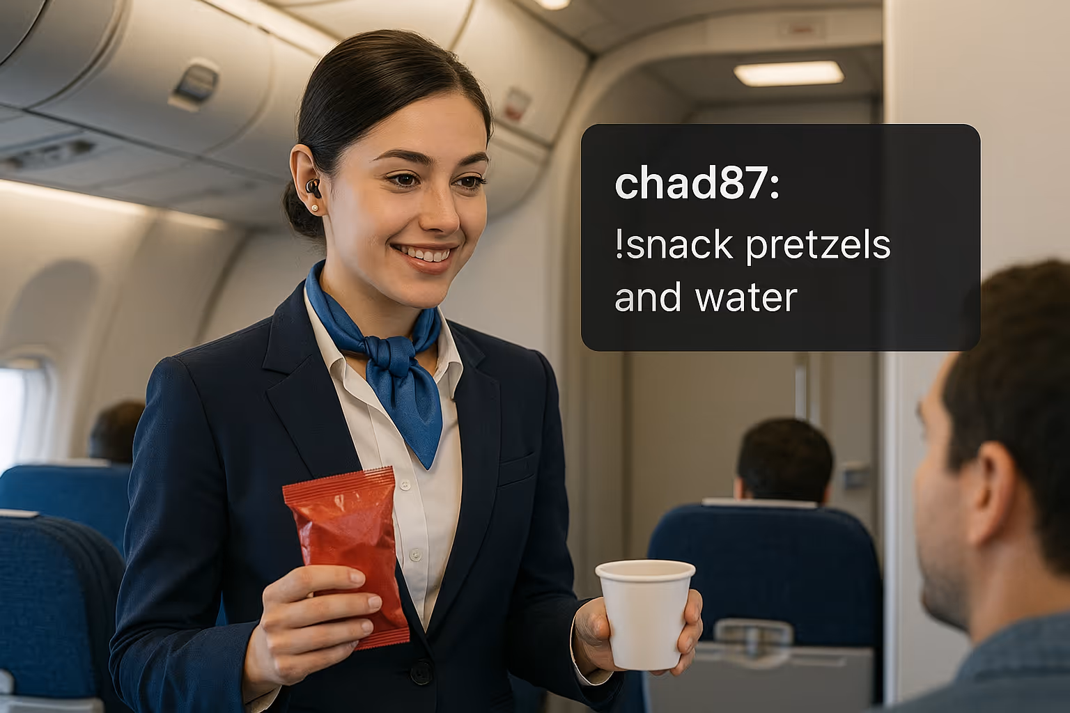 flight attendant serving snacks per chat request.