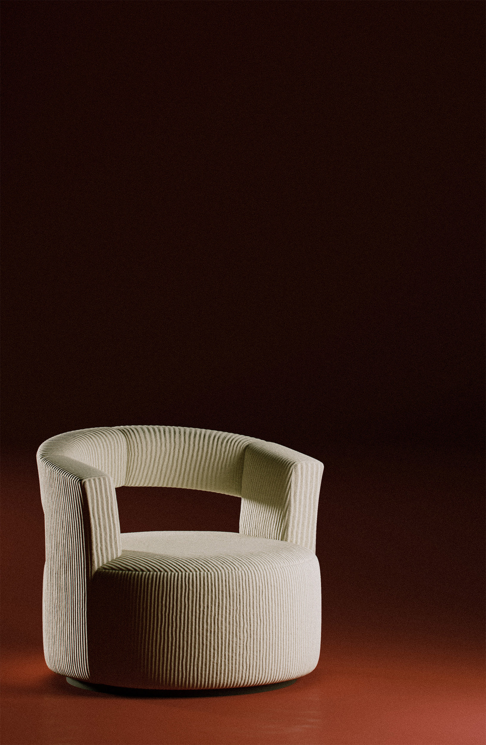 Contemporary round lounge chair with ribbed fabric upholstery in beige tone — minimalist designer furniture on deep red background